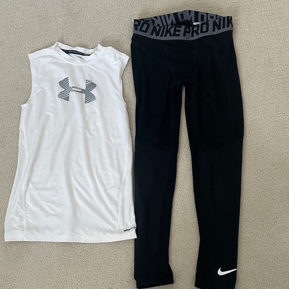 Youth Medium Compression Set UA White Tank and Nike Black Leggings
